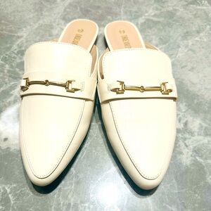 Dream Pairs Women Flat Mules Buckle Pointed Toe Slip on Loafer Cream SZ 9.5